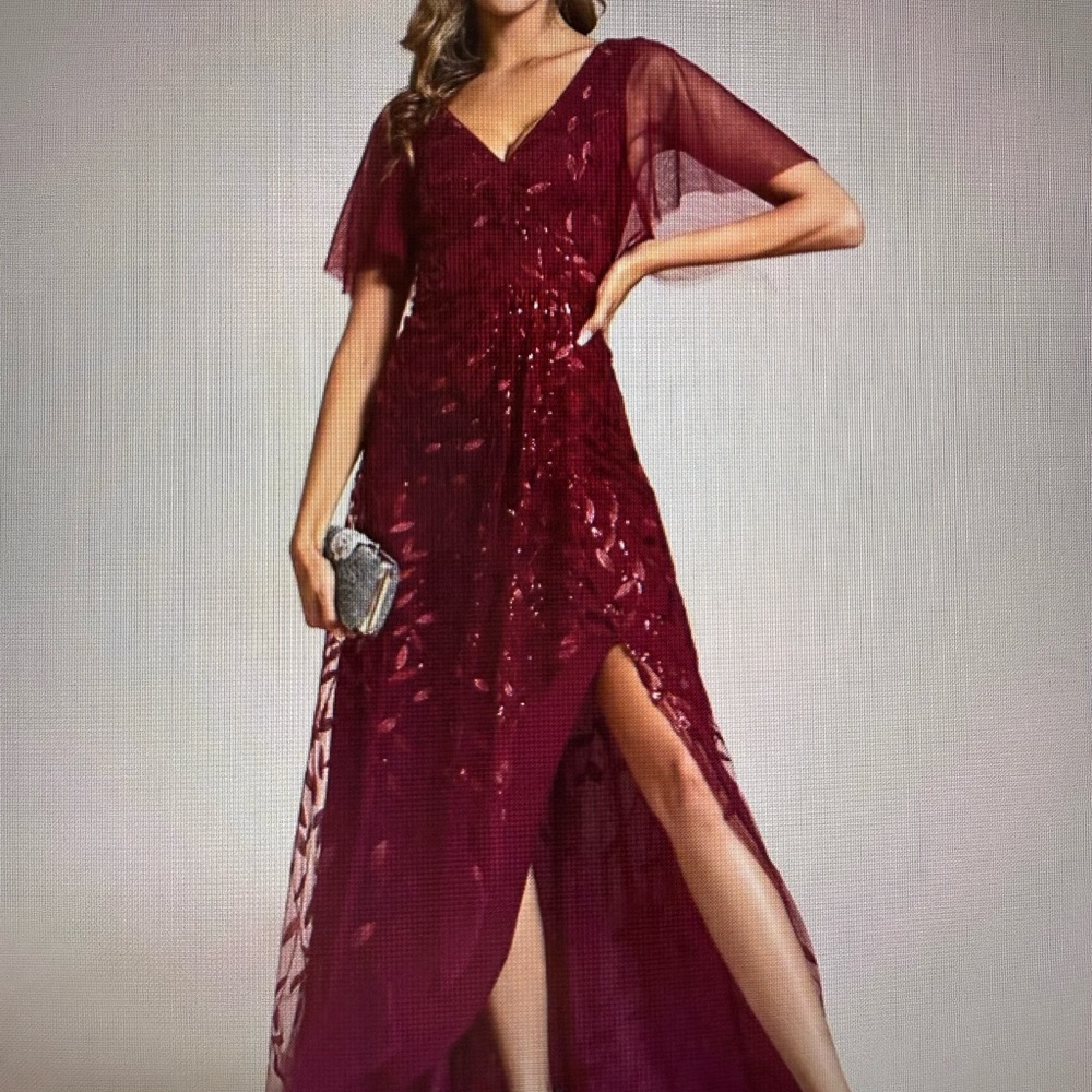 Ever Pretty Burgundy Midi Dress with Sheer Sleeves